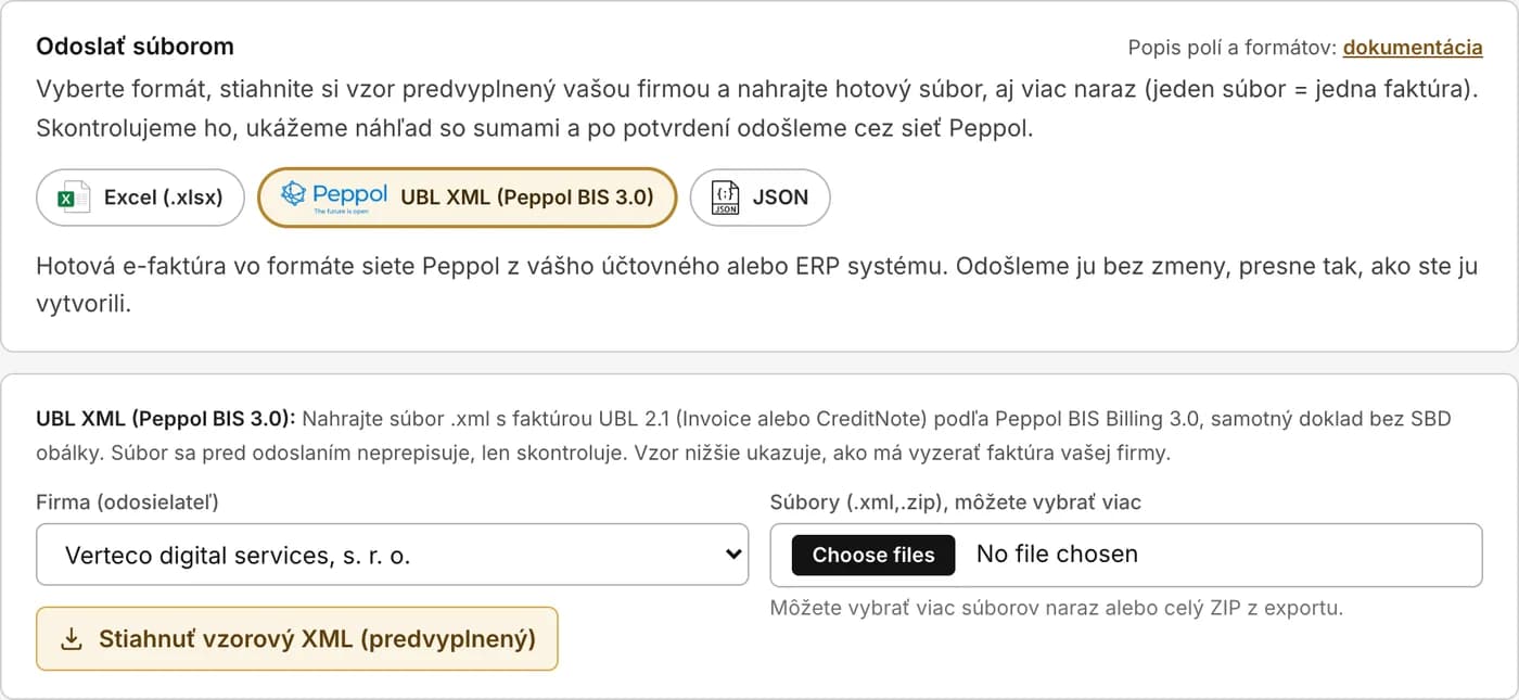 Portál Verteco, záložka Odoslať súborom s vybraným formátom UBL XML (Peppol BIS 3.0), výberom firmy a poľom na nahratie súborov